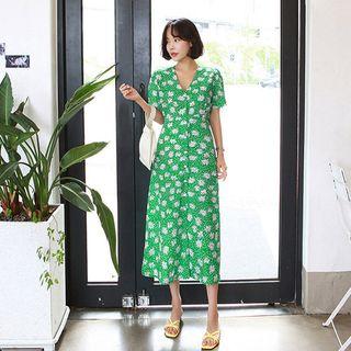Buttoned Floral Long Flare Dress