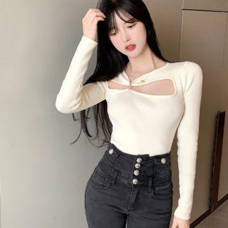 Cutout Plain Knit Top White - One Size