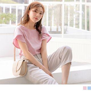 Petal Sleeve Crochet Trim Round Neck Top