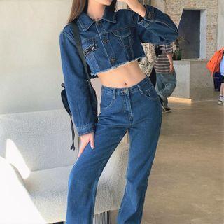Denim Cropped Jacket / High Waist Loose Fit Jeans