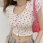 Short-sleeve Floral Print Button-up Crop Top Short-sleeve Top - Red Floral - White - One Size