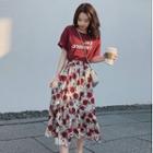 Set: Lettering Short-sleeve T-shirt + Floral Midi A-line Skirt