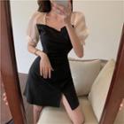 Puff-sleeve Two-tone Mini Sheath Dress Black - One Size