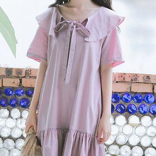Short-sleeve Ribbon-neck Dress