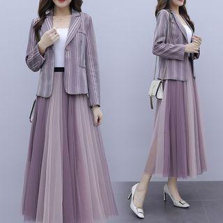 Set: Striped Blazer + Color Block Midi Skirt