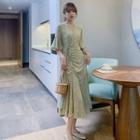 Elbow-sleeve Drawstring Printed Midi A-line Dress