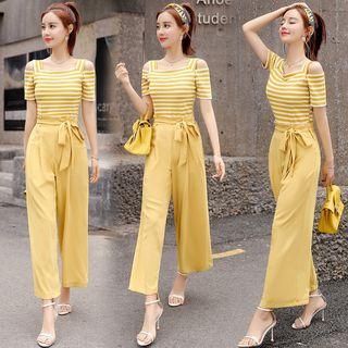 Set: Cold-shoulder Striped Top + Wide Leg Pants