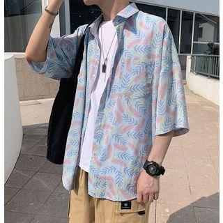 3/4-sleeve Leaf Print Shirt