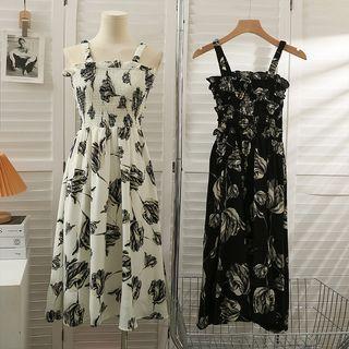 Back-details Printed Smocked Midi Dress