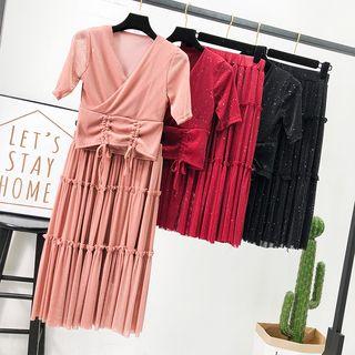 Set: Drawstring Crop Top + Ruffled Midi Skirt