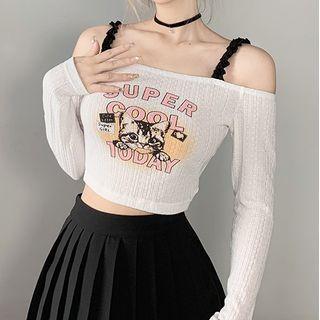 Long-sleeve Cold-shoulder Cat Print Cropped T-shirt