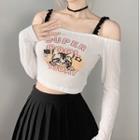 Long-sleeve Cold-shoulder Cat Print Cropped T-shirt