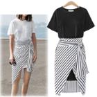 Set: Plain Short-sleeve T-shirt Dress + Stripe Skirt