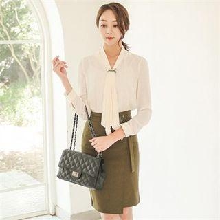 Pleated Ruffle-trim Chiffon Top With Brooch