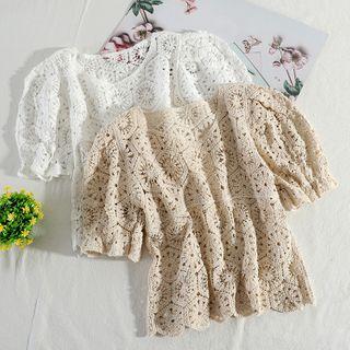 Puff-sleeve Cropped Eyelet Blouse