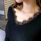 Laced V-neck Rib-knit Top