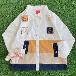 Bear Embroidered Color Block Jacket White - One Size