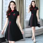 Short-sleeve Cherry Embroidered Mini Qipao Dress
