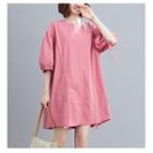 Elbow-sleeve Drawstring Mini A-line Dress Rose Pink - One Size