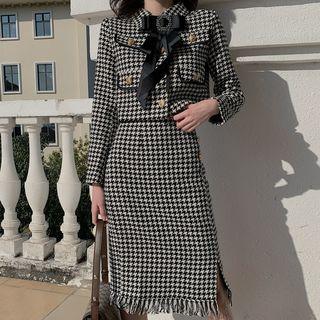Houndstooth Bow Jacket / Fringed Trim Midi A-line Skirt