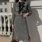 Houndstooth Bow Jacket / Fringed Trim Midi A-line Skirt