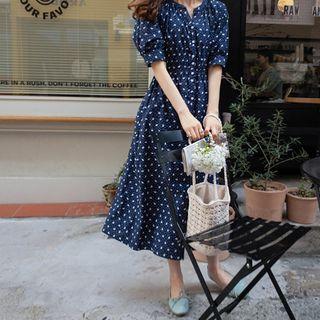 Smocked-waist Patterned Shirtdress