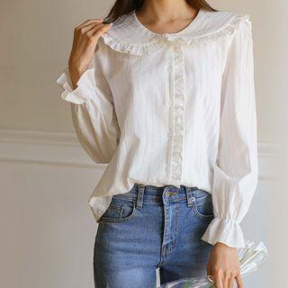Sailor-collar Frilled Stripe Blouse