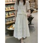 Puff-sleeve Lace Blouse / Midi A-line Lace Skirt