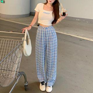Lettering Short-sleeve Cropped Top / High-waist Plaid Wide-leg Pants