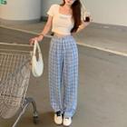 Lettering Short-sleeve Cropped Top / High-waist Plaid Wide-leg Pants