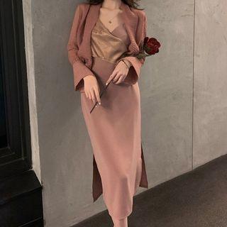 Open Front Light Jacket / Spaghetti Strap Midi Shift Dress