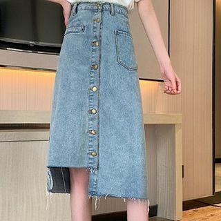 Distressed Asymmetric Midi A-line Denim Skirt
