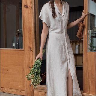 Short-sleeve Single Breasted Split Shirt Dress Oatmeal - One Size