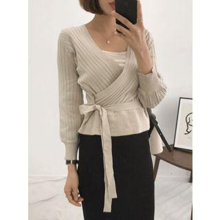 Surplice-wrap Ribbed Knit Top
