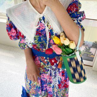 Collared Floral Print Puff-sleeve Asymmetric A-line Dress As Shown In Figure - One Size