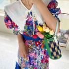 Collared Floral Print Puff-sleeve Asymmetric A-line Dress As Shown In Figure - One Size