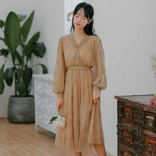 Puff-sleeve V-neck Lace Dress