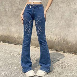 Mid Rise Butterfly Print Boot-cut Jeans