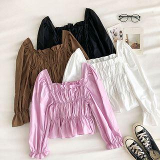 Plain Square-neck Flare-sleeve Blouse
