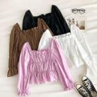 Plain Square-neck Flare-sleeve Blouse