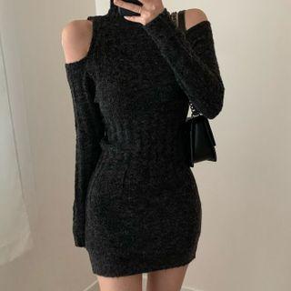Turtleneck Off Shoulder Plain Ribbed Slim Fit Knit Dress