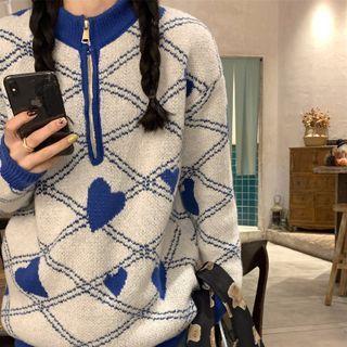 Mock-neck Half-zip Heart Print Sweater