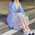 Floral V-neck Suspender Skirt / Oversized Long-sleeve Cardigan