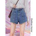 Adjustable High-waist Frayed Denim Shorts