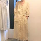 3/4-sleeve Tie-waist Midi A-line Dress Beige - One Size