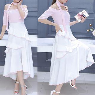 Off-shoulder Elbow-sleeve A-line Midi Dress