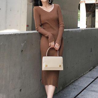 V-neck Midi Rib Knit Dress