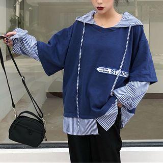 Mock-two-piece Color-block Hooded Pullover