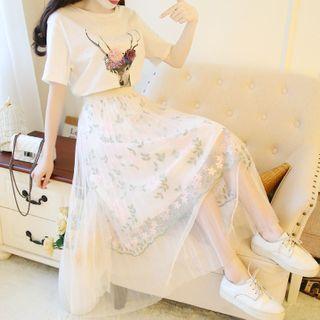 Short-sleeve T-shirt / Short-sleeve Blouse / Midi A-line Mesh Skirt / Set
