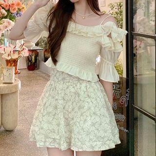 Short-sleeve Smocked Blouse / Mini A-line Skirt